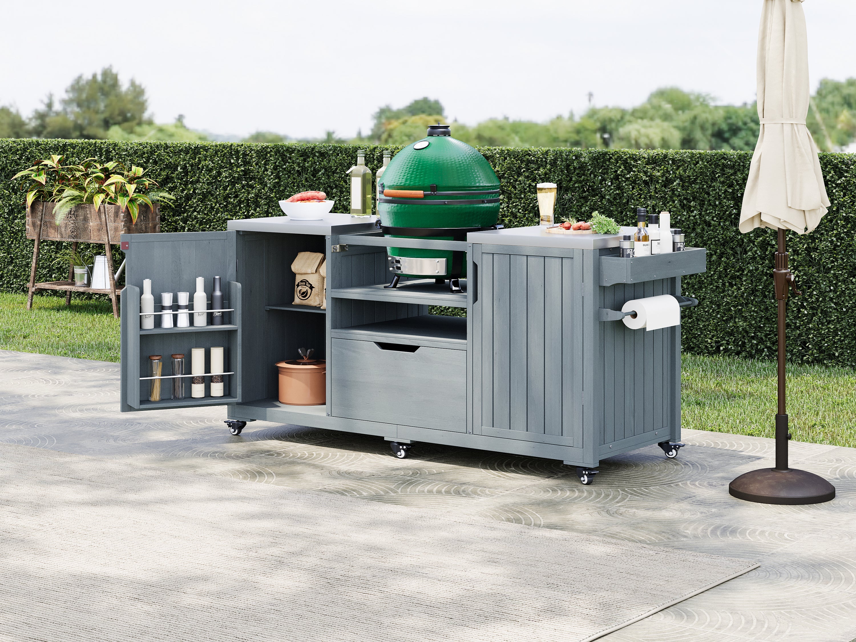 K&K 66.5' Outdoor Kitchen Island for Big Green Egg Grills, Solid Wood Outdoor Grill Cart for Tabletop Grill with Stainless Steel Top, Drawer, Compatible with Large Big Green Egg, Kamado Joe- Grey Blue
