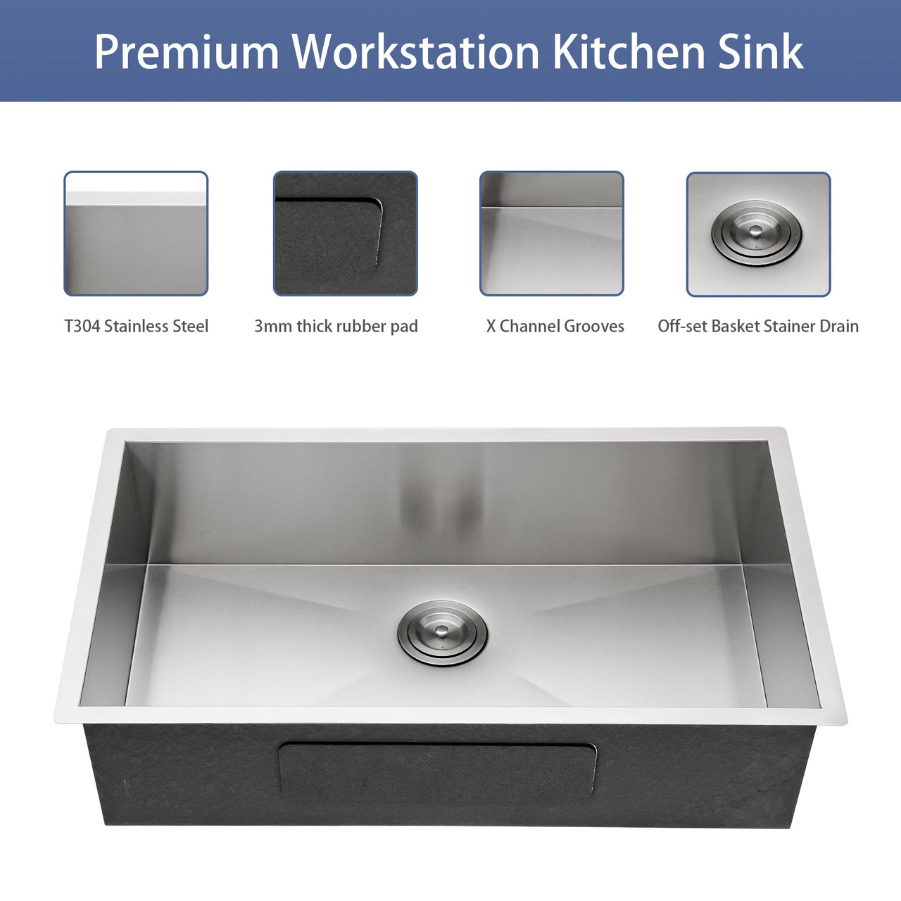 Modern Brushed Nickel 33 Inch Undermount Stainless Steel Kitchen Sink 16 Gauge, 9 Inch Deep Single Bowl