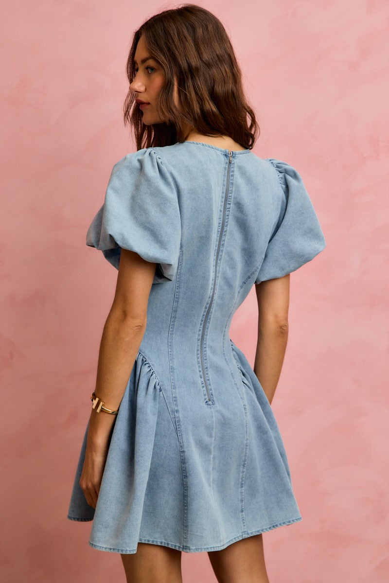 SO ME Bubble Sleeves Denim Fit And Flare Mini Dress