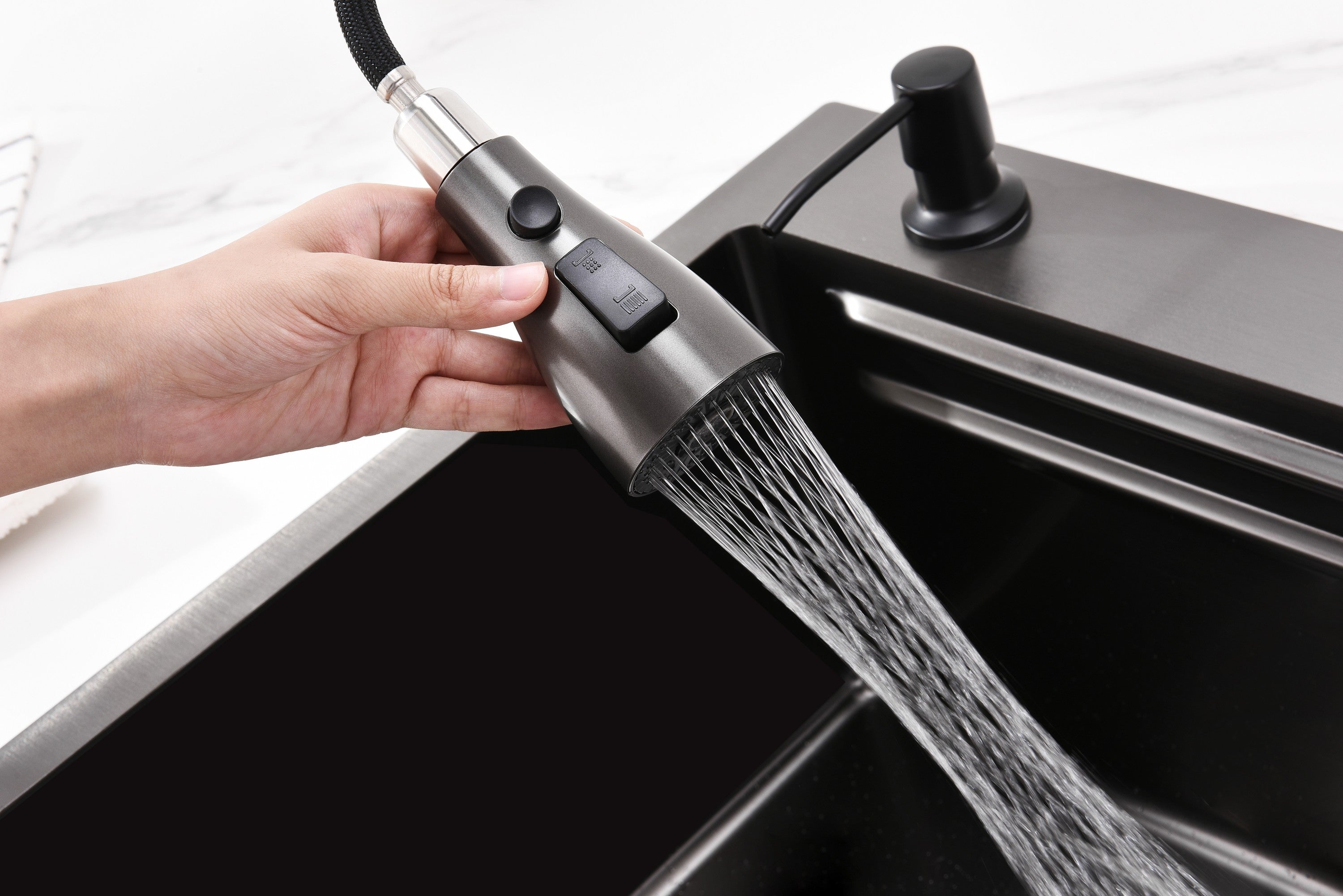 Waterfall Kitchen Sink, Stainless Steel Single Bowl in Black, Multifunctional Workstation with Flying-rain Faucet and Cutting Board, 30×18″ Stainless Steel Single Bowl Sink, LS-SSBL05