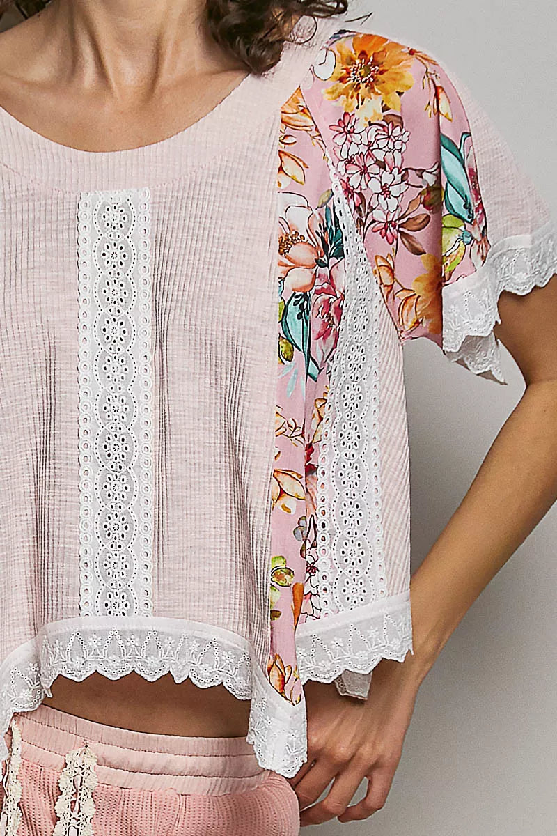 POL Round Neck Ribbed Cropped Top with Lace Detail