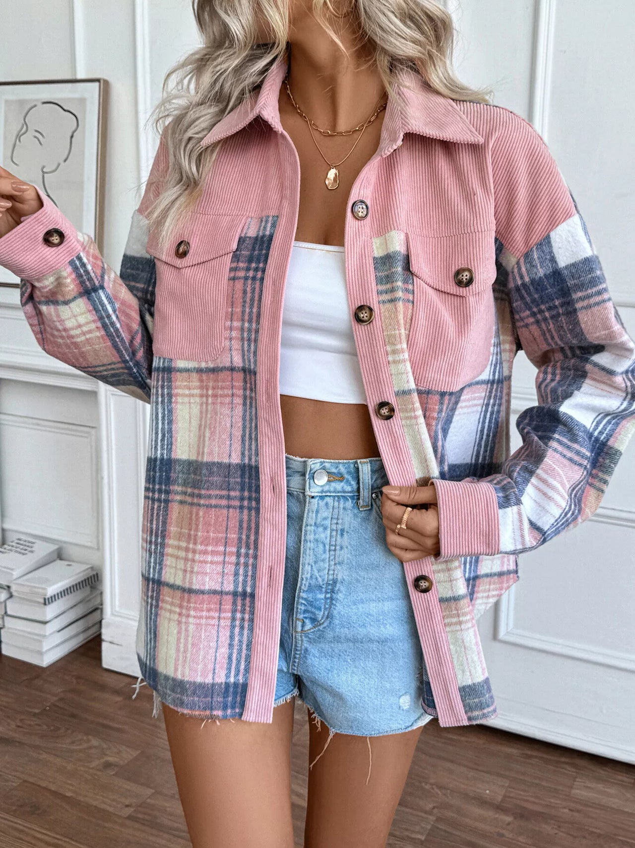 Plaid Button-Up Shacket with Chest Pockets