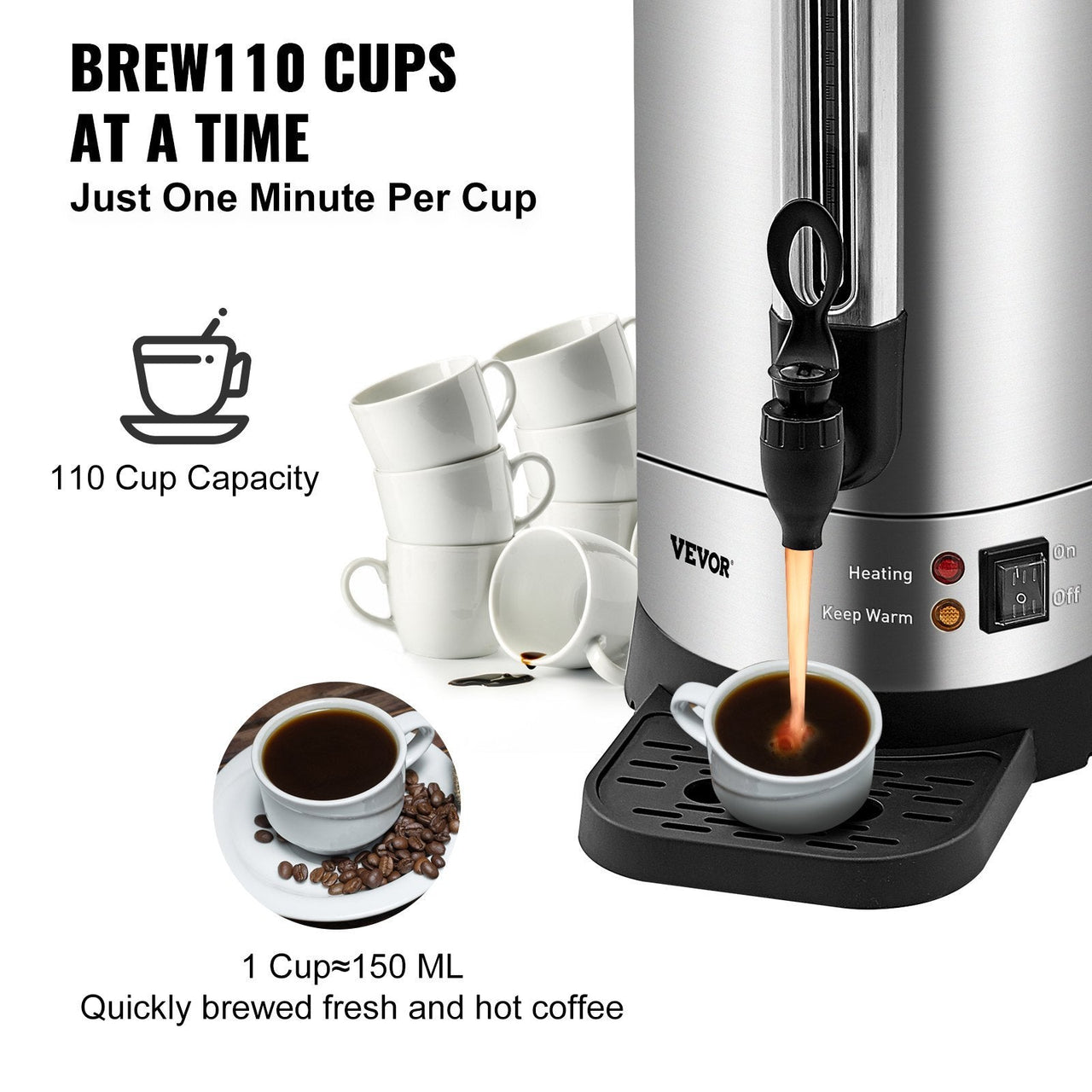 Commercial Coffee Urn 110 Cup Stainless Steel Coffee Dispenser Fast Brew