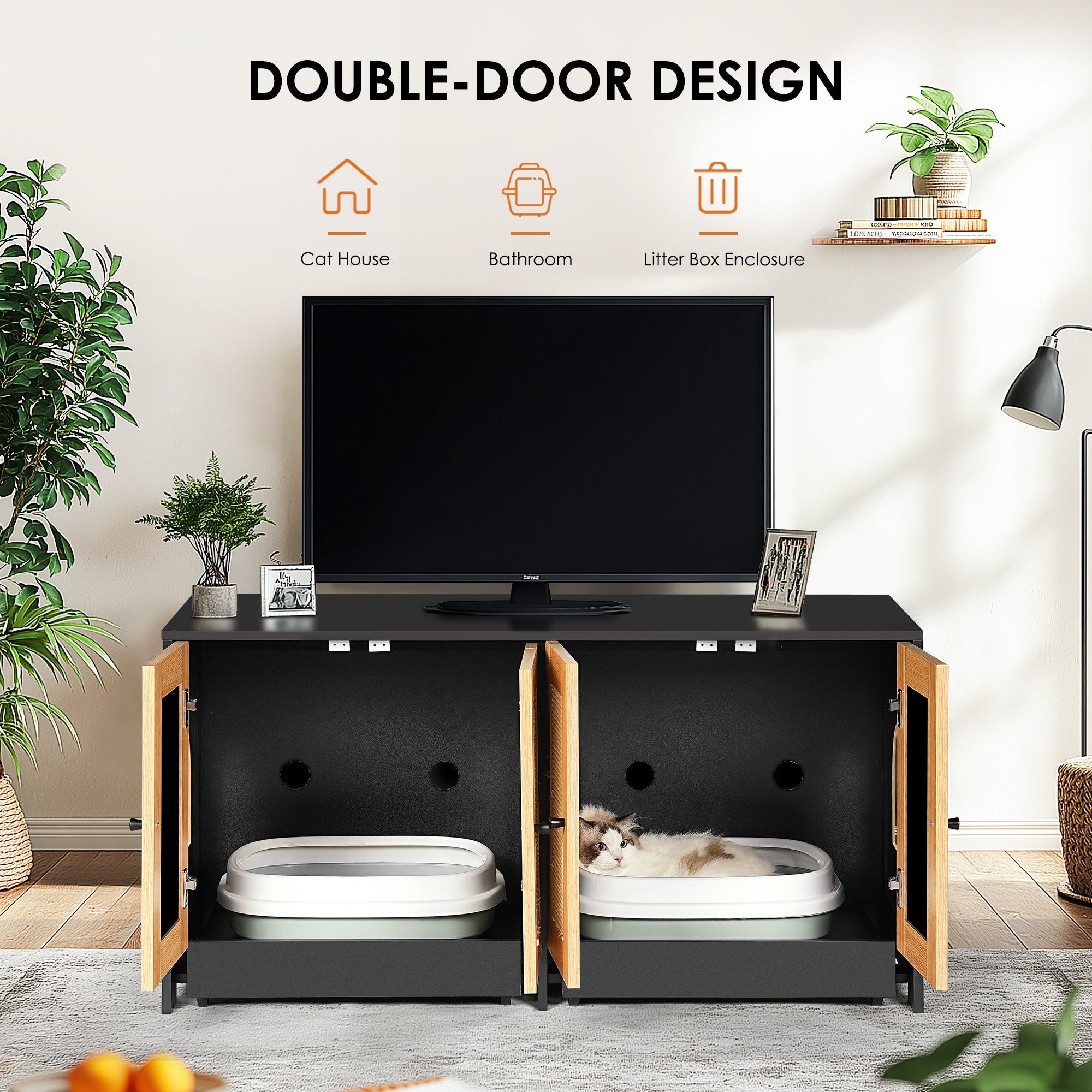Modern Black Double Litter Box Enclosure with Rattan Doors for Two Cats, 47' L x 19.8' W x 21.8' H