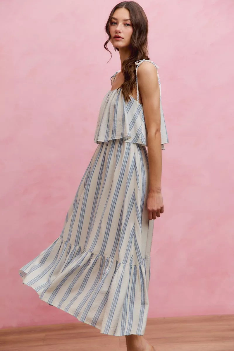 SO ME Stripe Tiered Shoulder Tie Midi Lined Dress