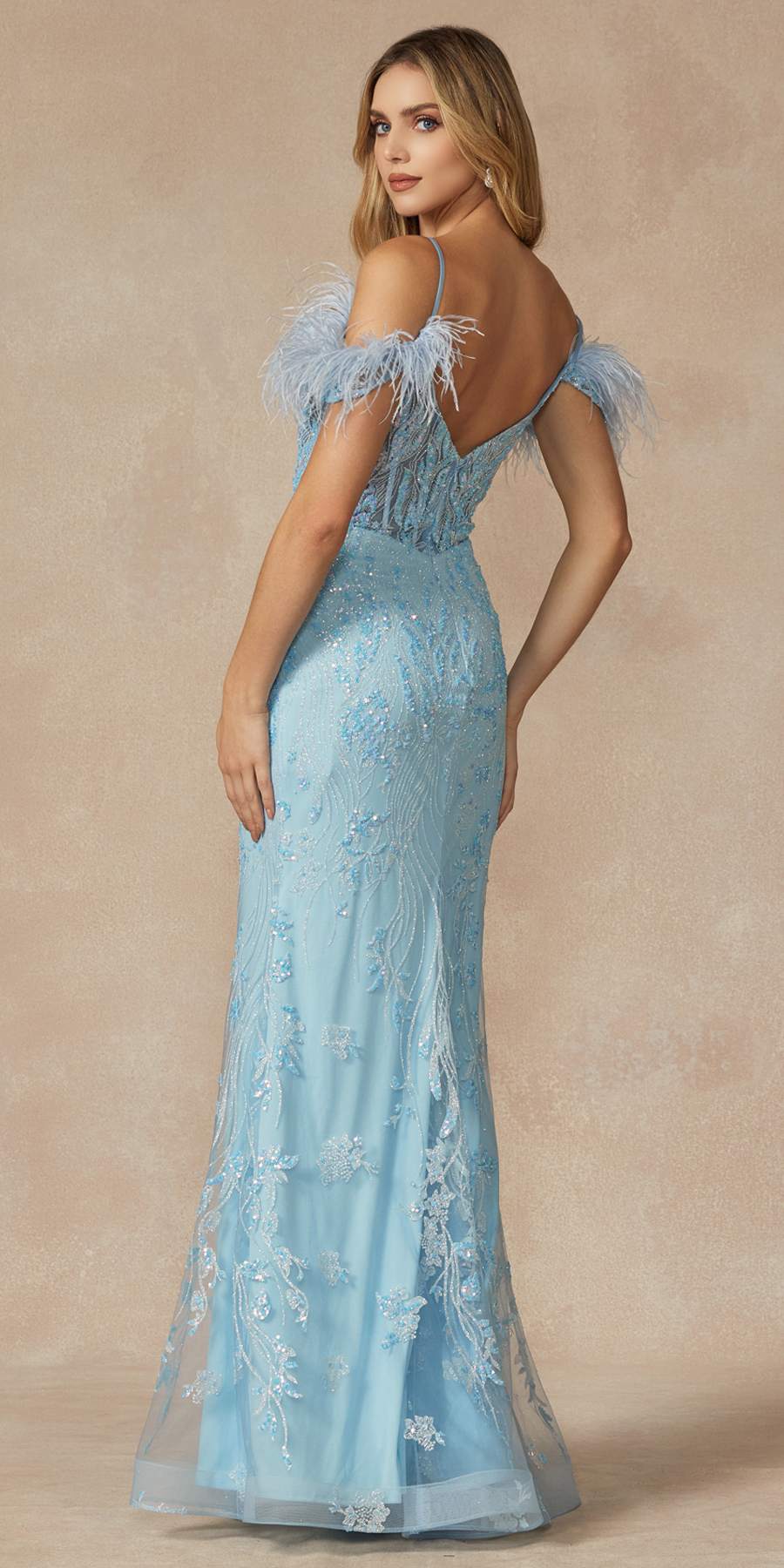 Juliet 288 Long Off the Shoulder Feather Strap Fitted Glitter Print Gown