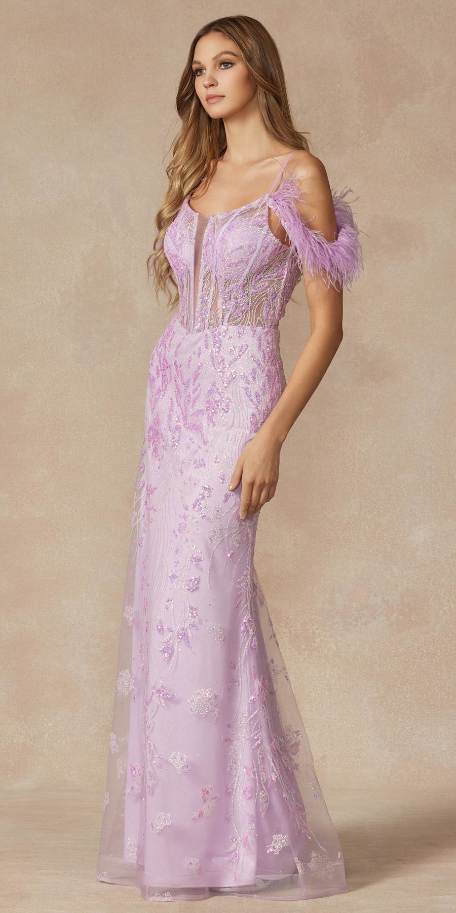Juliet 288 Long Off the Shoulder Feather Strap Fitted Glitter Print Gown
