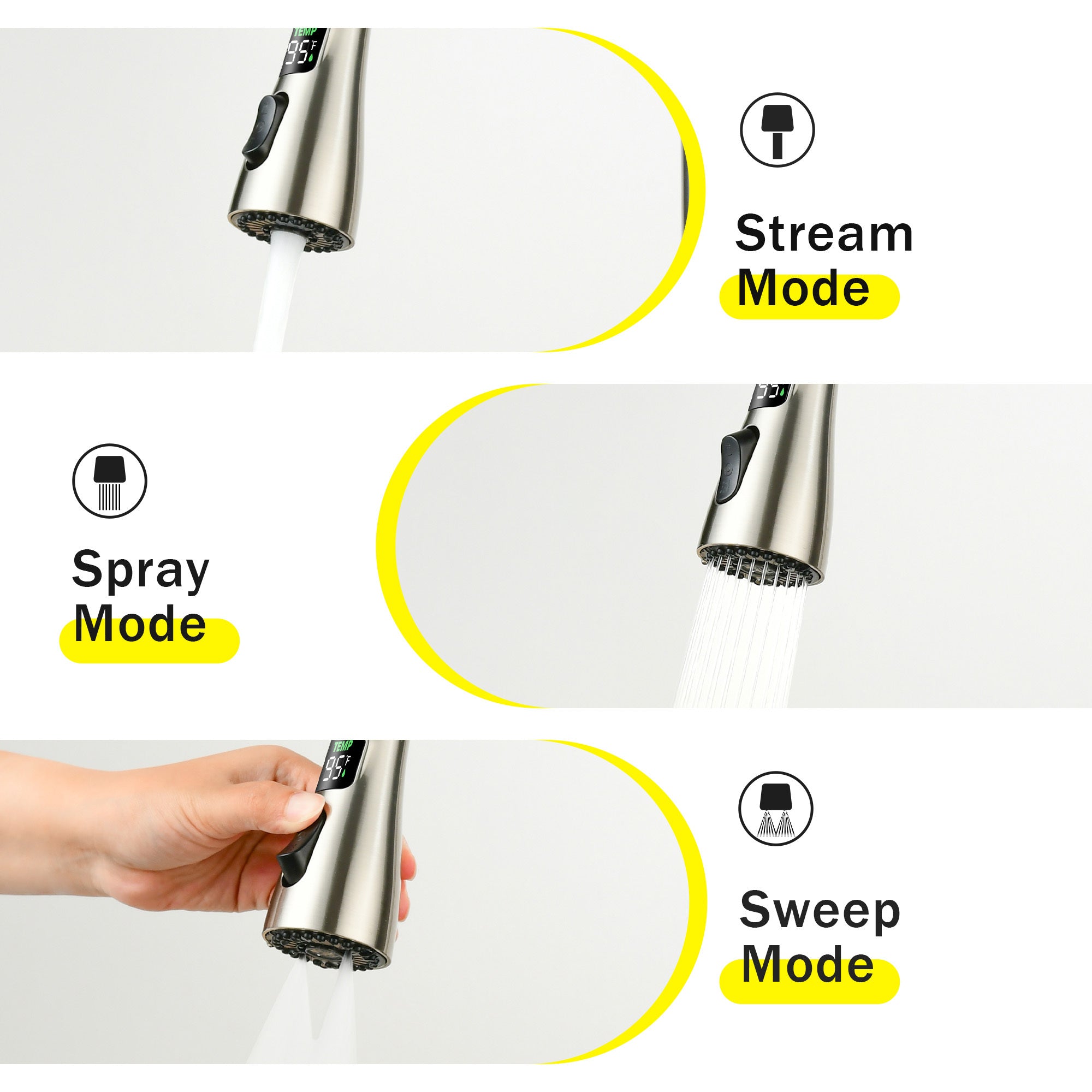 3-in-1 Kitchen Faucet with LED Temperature Display, Press-Type Glass Rinser, Pull-Down Sprayer, 3 Spray Modes, Brushed Nickel Finish, Stainless Steel Construction