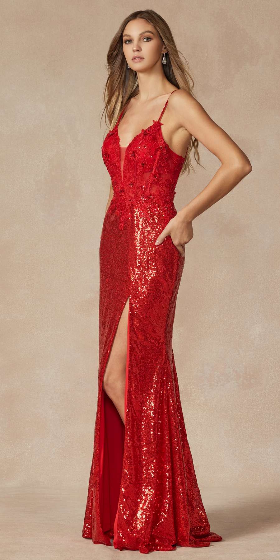 Juliet 289 Long Machine Sequin Gown with Corset Bodice Prom Gown