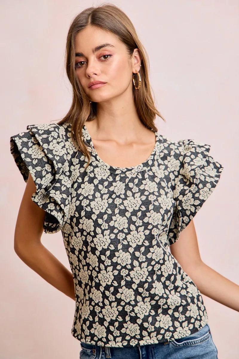 BiBi Floral Jacquard Ruffle Sleeves Knit Top