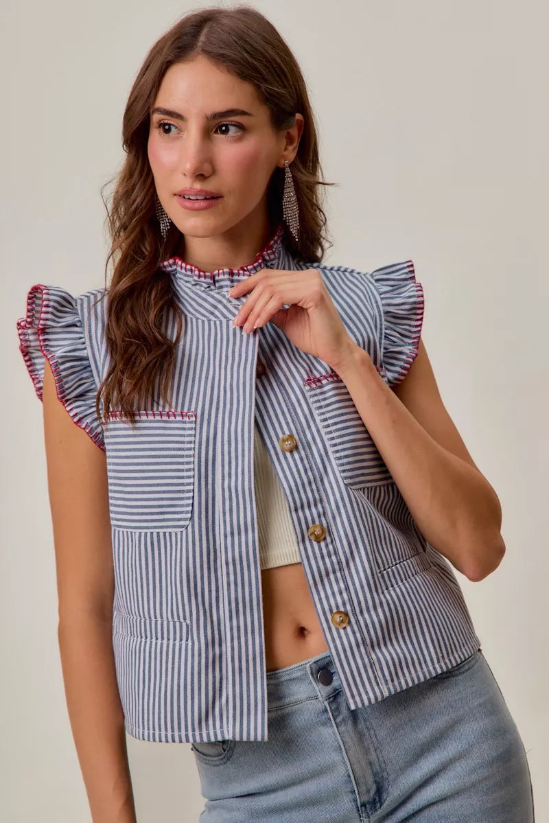 SO ME Stripe Twill Stitch Ruffled Hidden Button Vest Top