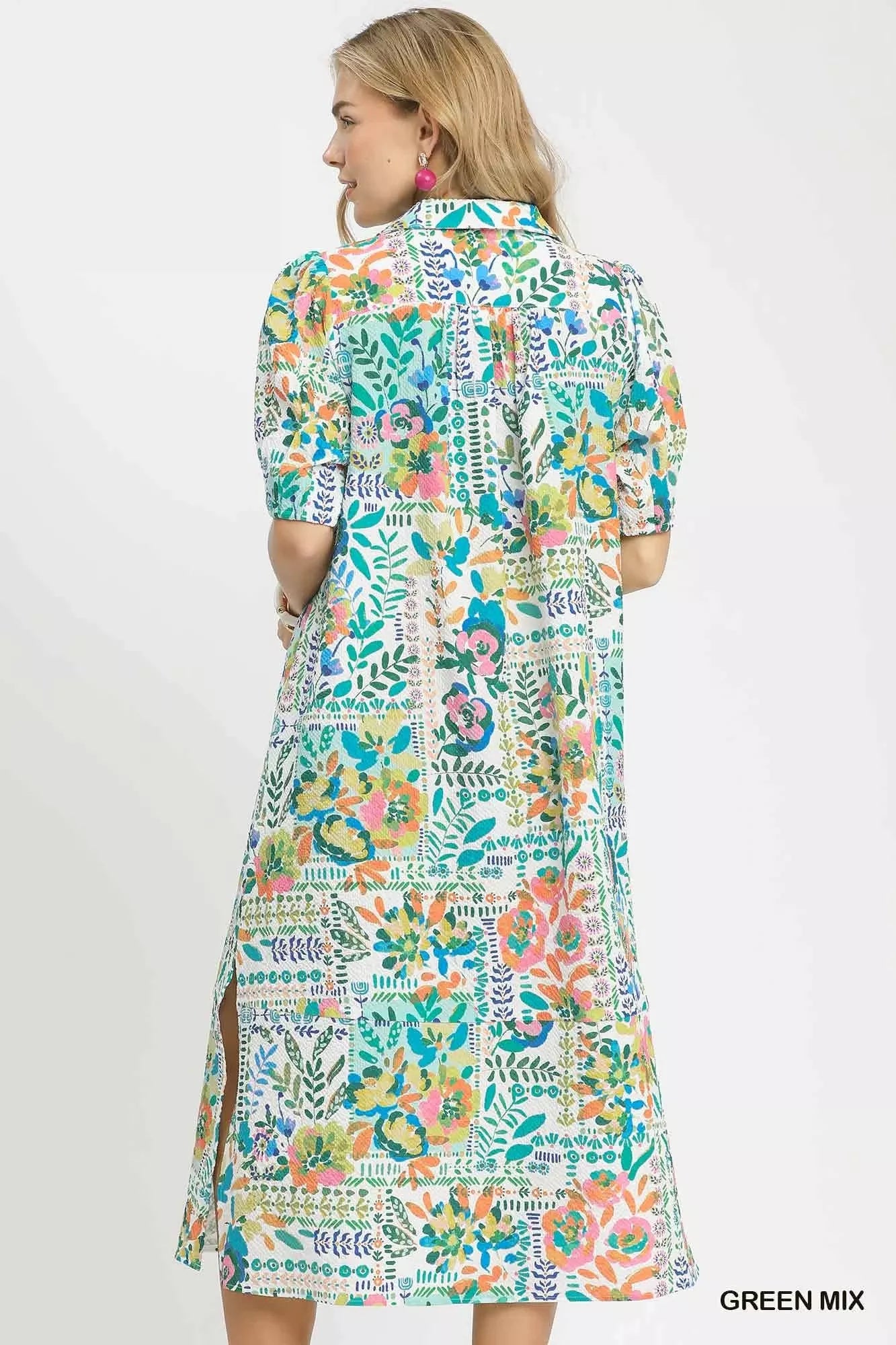 Umgee Folk Print Midi Dress with Side Pockets