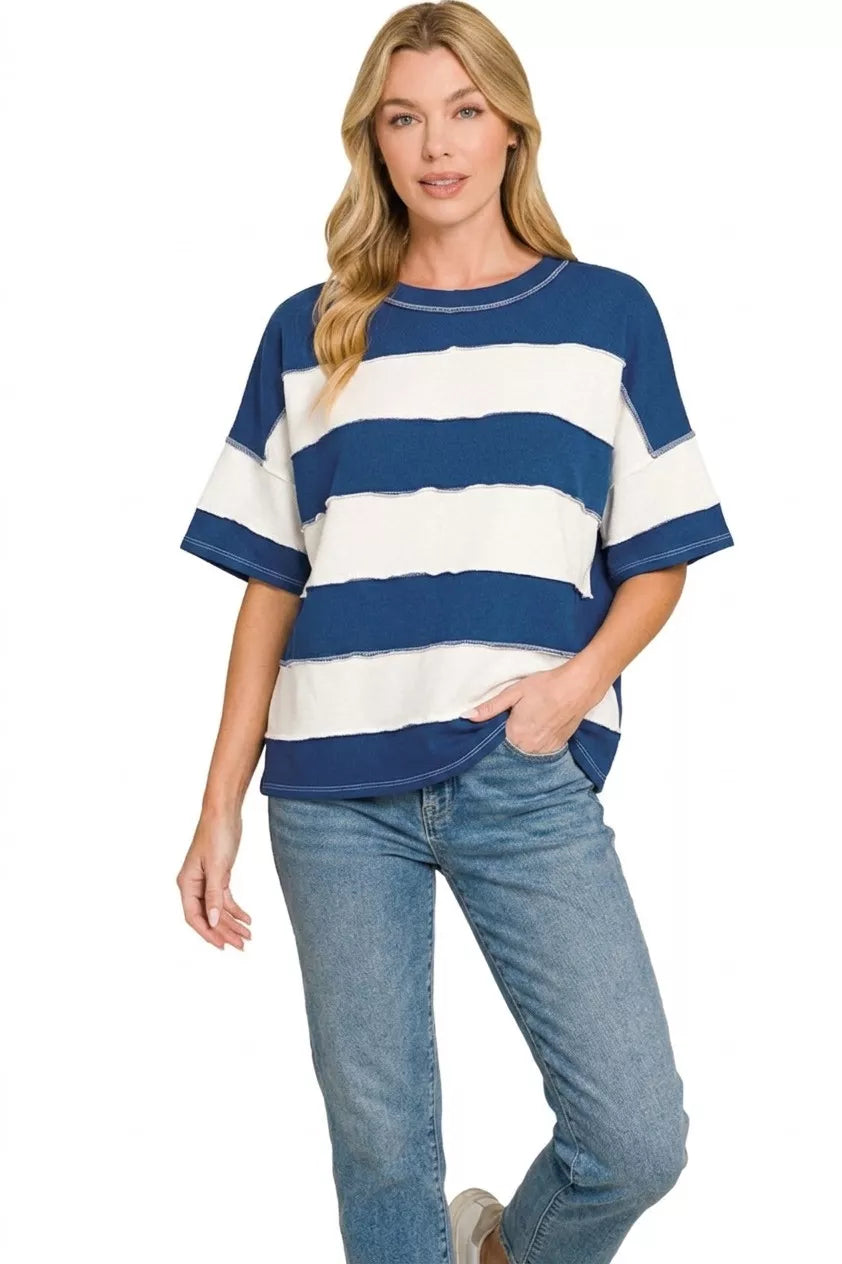 Zenana French Terry Striped Exposed Seam Top