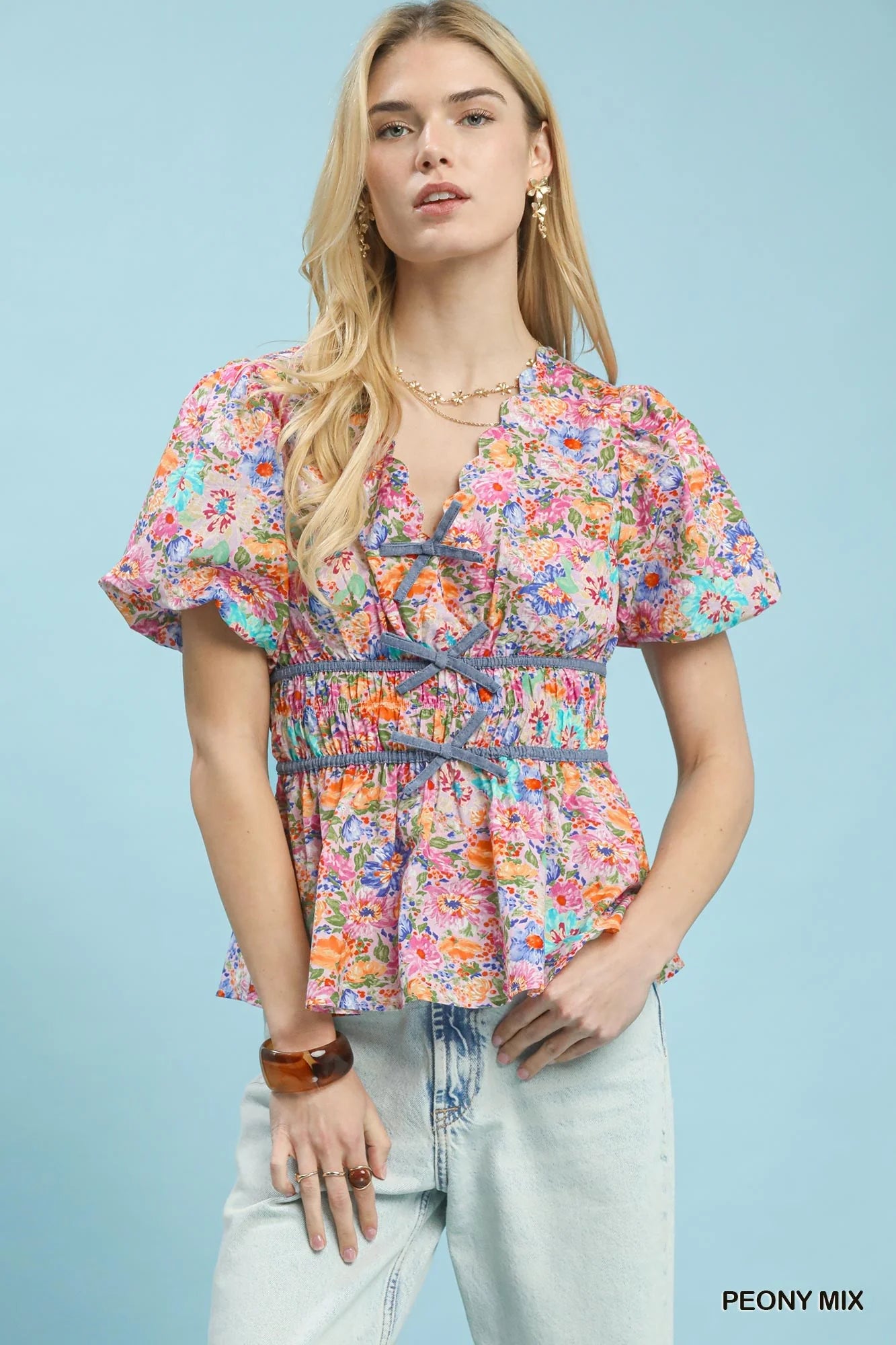 Umgee Mix Floral Smocked Waist Blouse