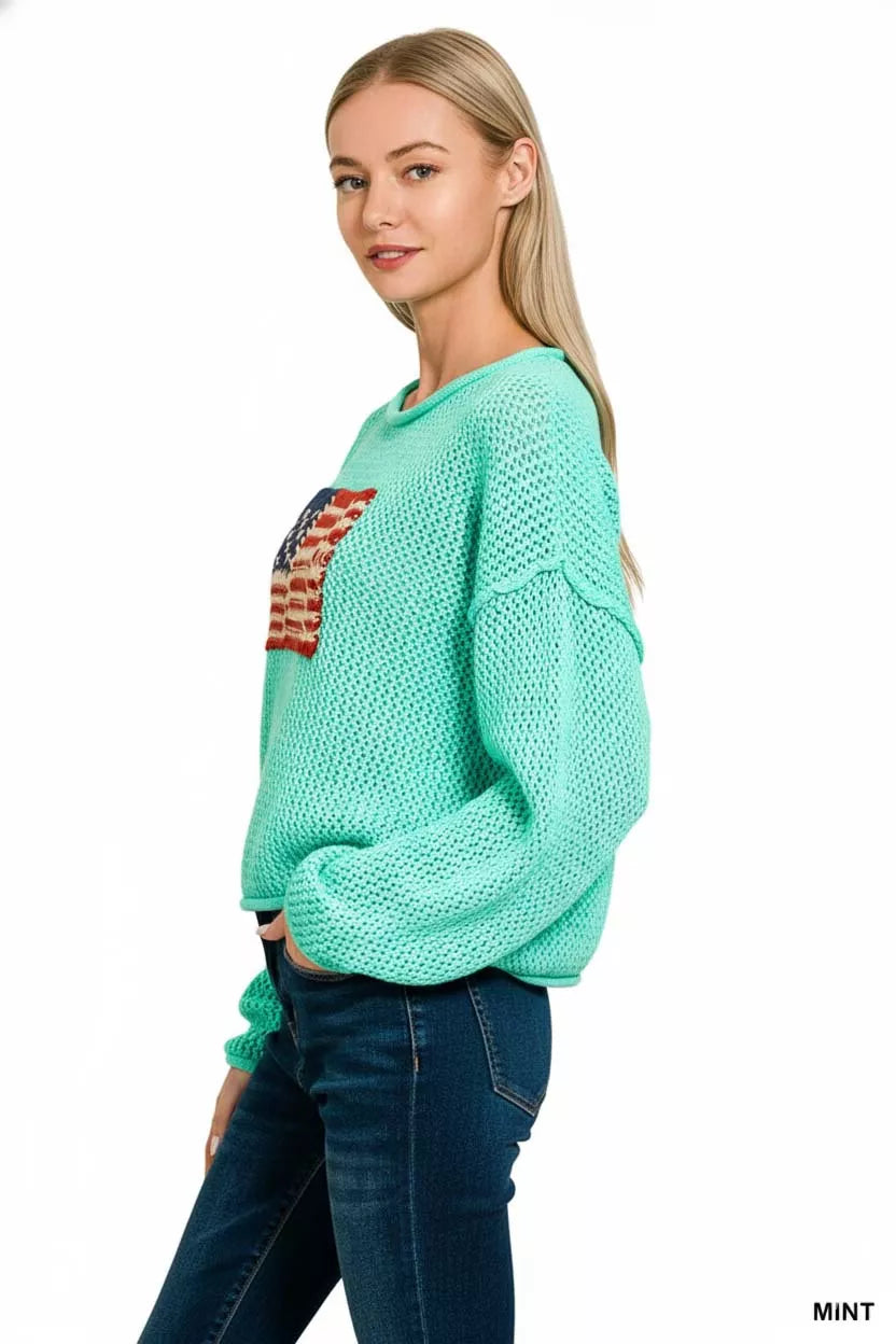 Zenana American Flag Crew Neck Sweater