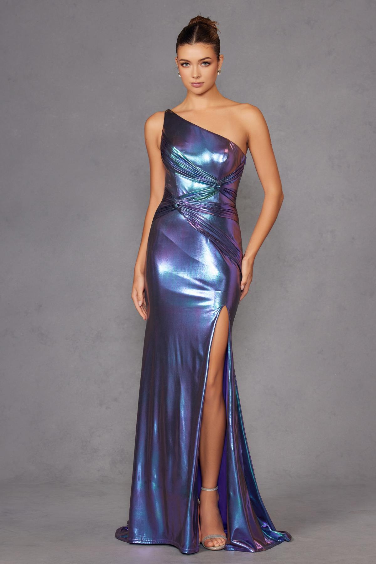 Juliet JT2910H Long Metallic Fitted One Shoulder Prom Gown