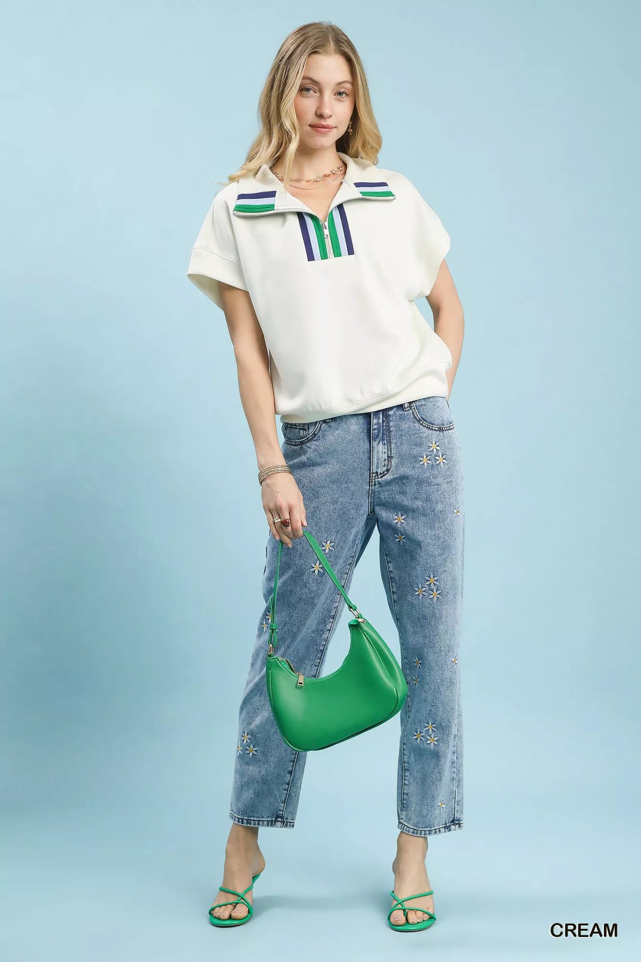 Umgee Striped Collared Neck Half-Zip Top