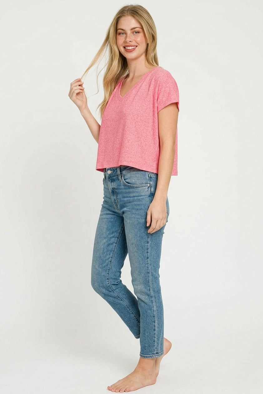 Zenana Soft Melange V-neck Drop Shoulder Cropped Top