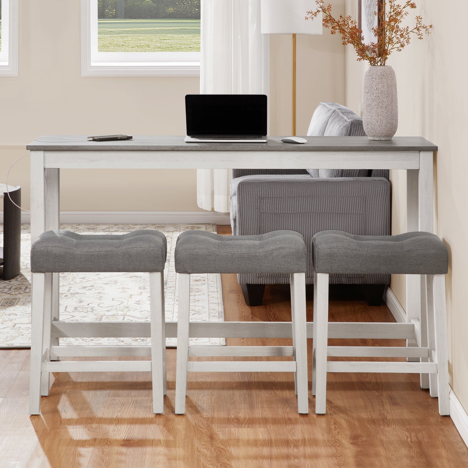 4 Piece Bar Table Set with Power Outlet,Bar Table Set with Chairs,Sofa Bar Table with Stools,Behind Couch Table with 3 Padded Stools,for Living Room,Dining room, White & Grey