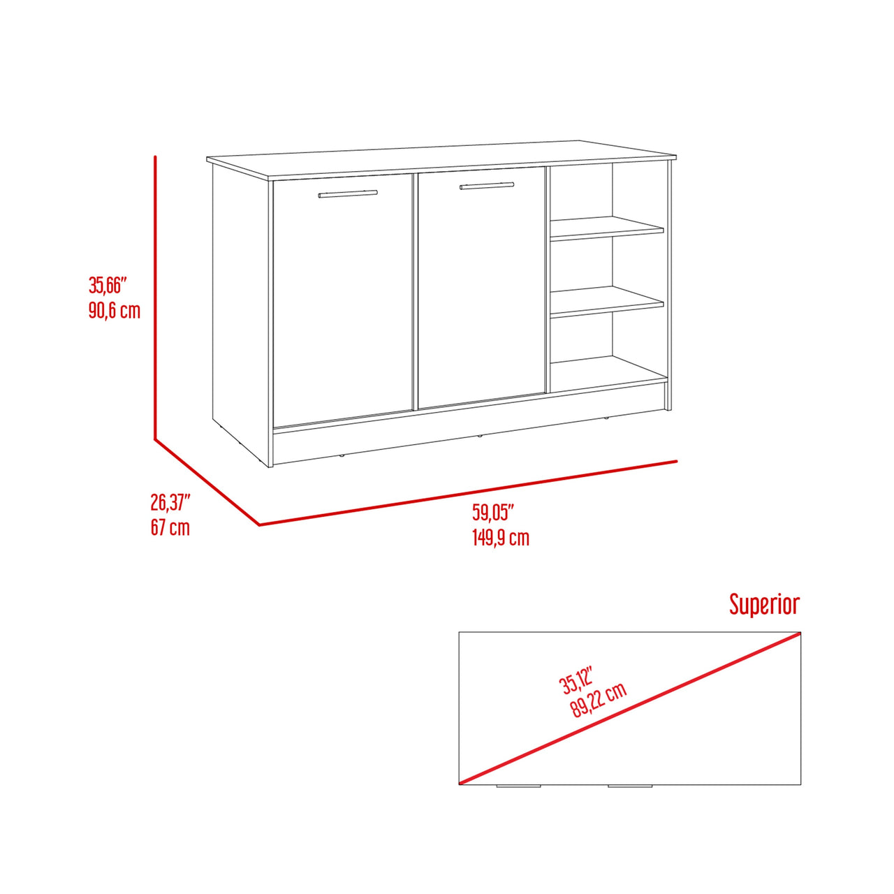 Kitchen Island Two Cabinets, Three Open Shelves, White / Dark Brown