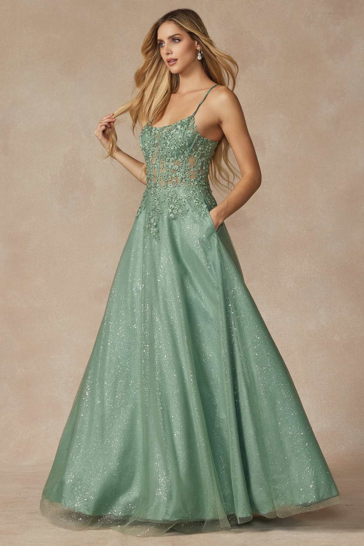 Juliet 295 Floor Length Leaf Lace Gown Corset Bodice Prom Gown