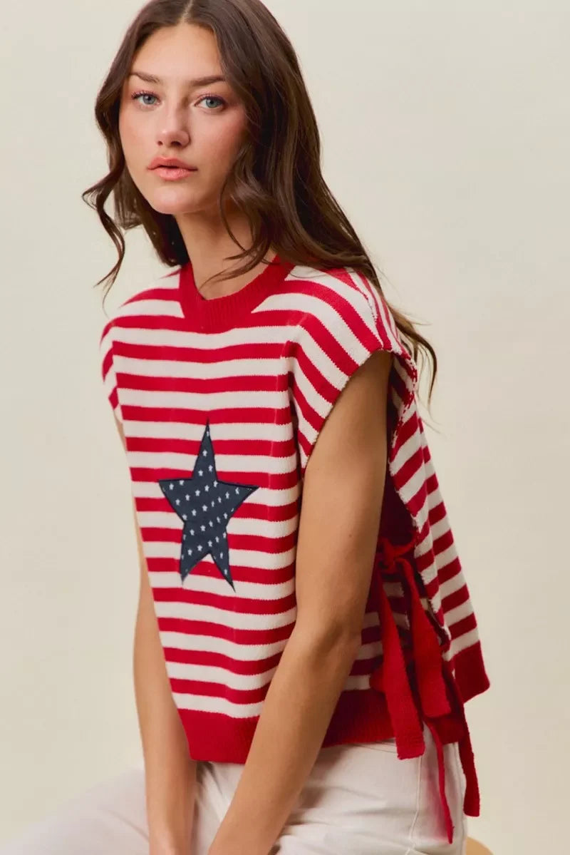 SO ME Stripe Star Patch 4th Of July Side Tie Vest Top