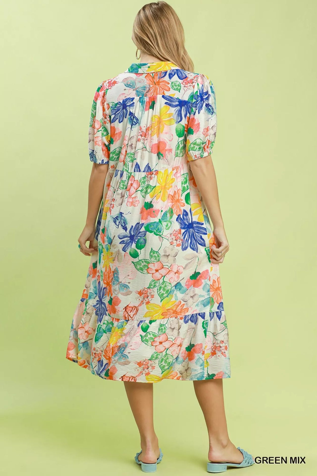 Umgee Watercolor Floral Tiered Midi Dress
