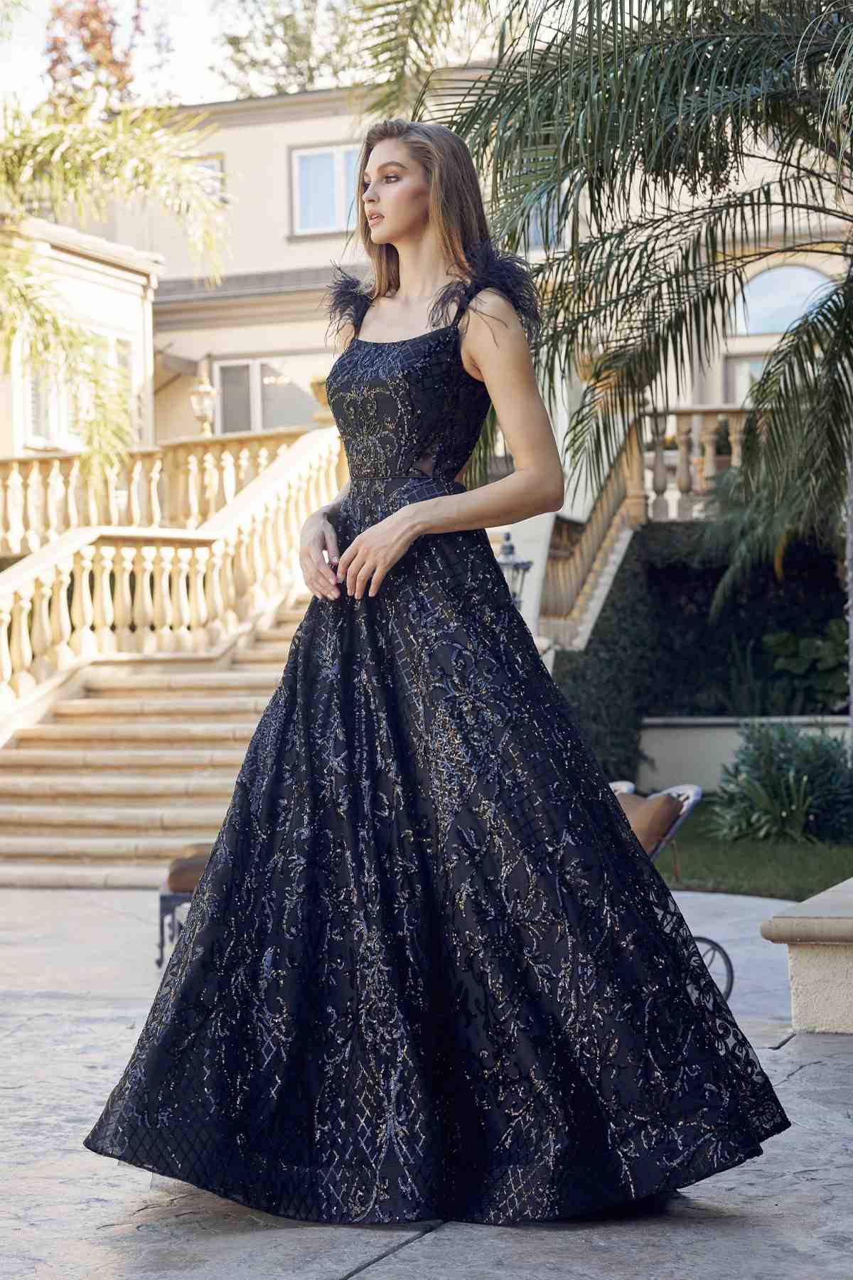 Juliet 297 Floor Length Feathered Cap Sleeve Patterned Sequin A-Line Gown
