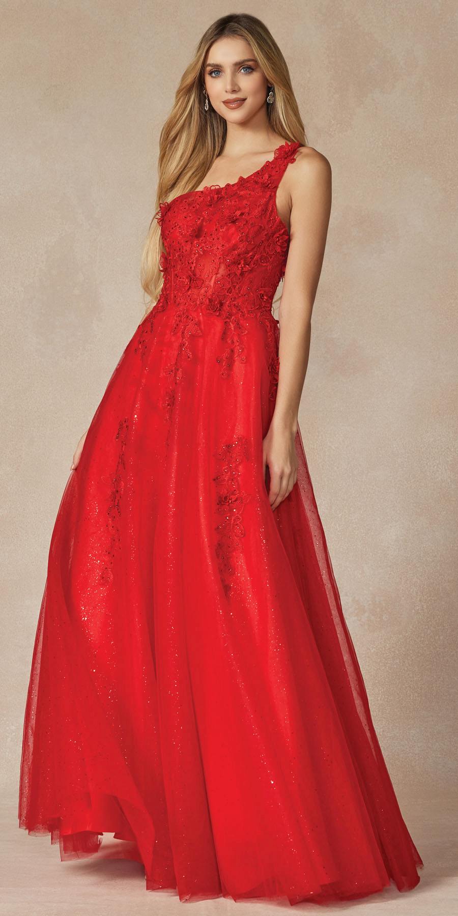 Juliet 298 Long One Shoulder With 3D Flower Embellishments Gown