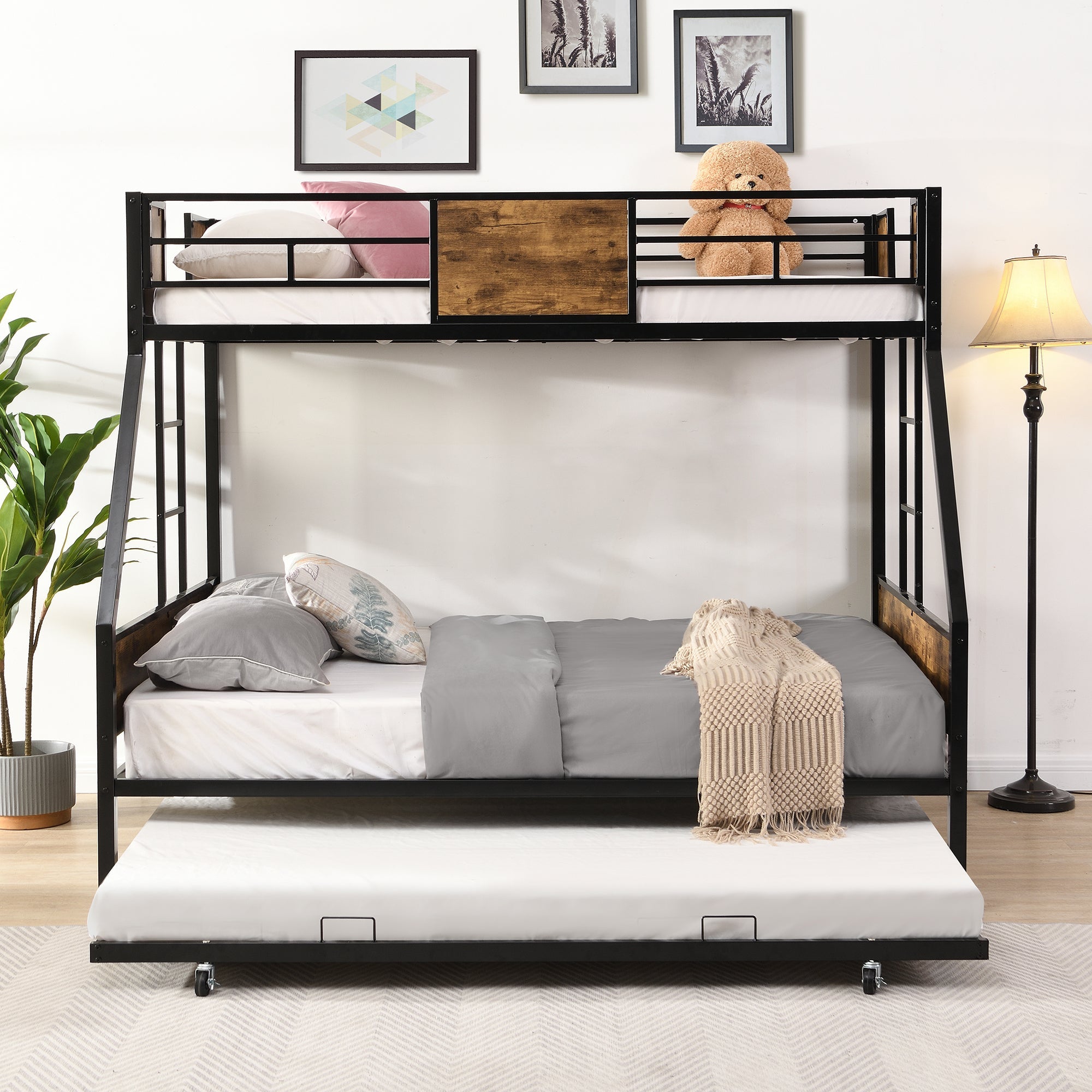 Modern Twin Over Full Metal Bunk Bed with Trundle and Dual Side Ladder, Black & Brown MDF and Metal Design, Easy Assembly