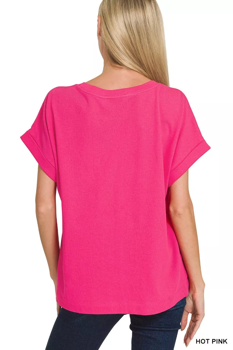 Zenana Cuffed Front Pocket Short Sleeve Tee
