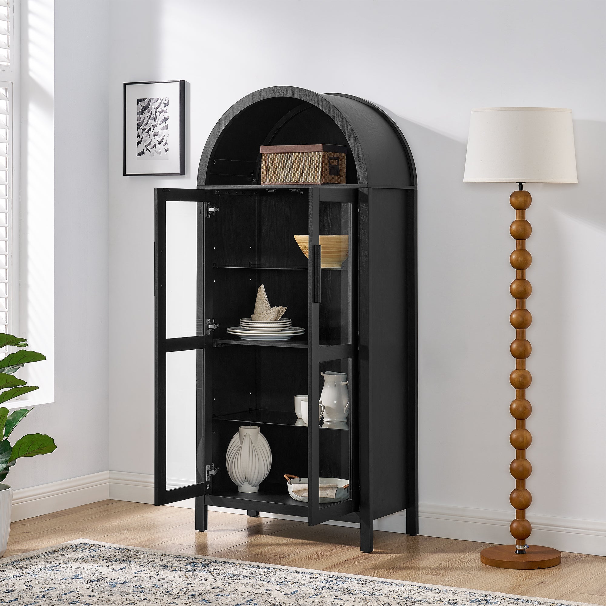 A high arched storage cabinet with a lamp, a modern retro-style wooden storage cabinet with adjustable glass partitions, suitable for use as a multi-functional cabinet in kitchens-Black