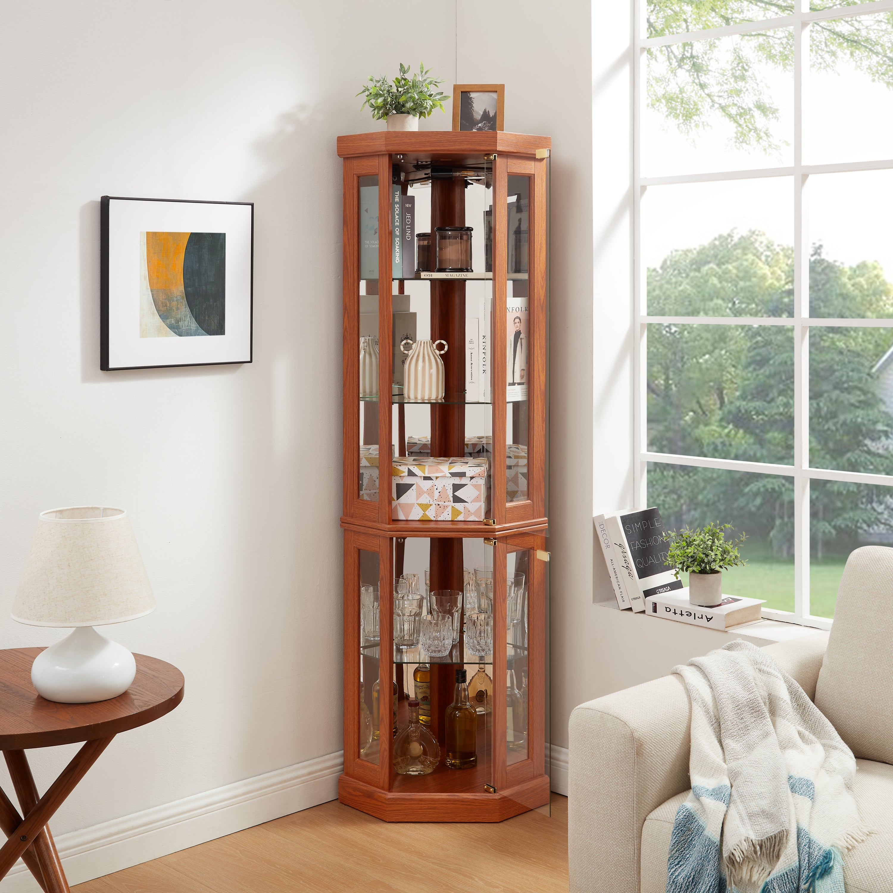 Corner Glass Cabinet Lighted Curio Cabinet Corner Display Case for Living Room, Curio Cabinet, Antique collection, Wine,Bar Glass Storage Light Included, Dark oak