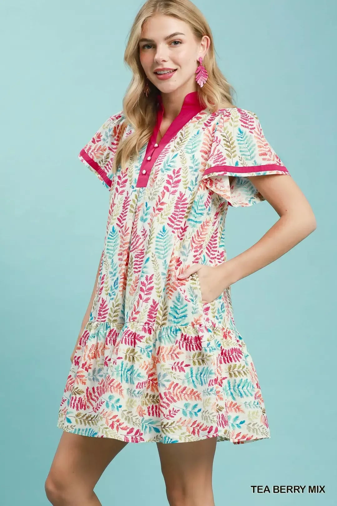 Umgee Leaf Print Flutter Sleeve Tiered Mini Dress
