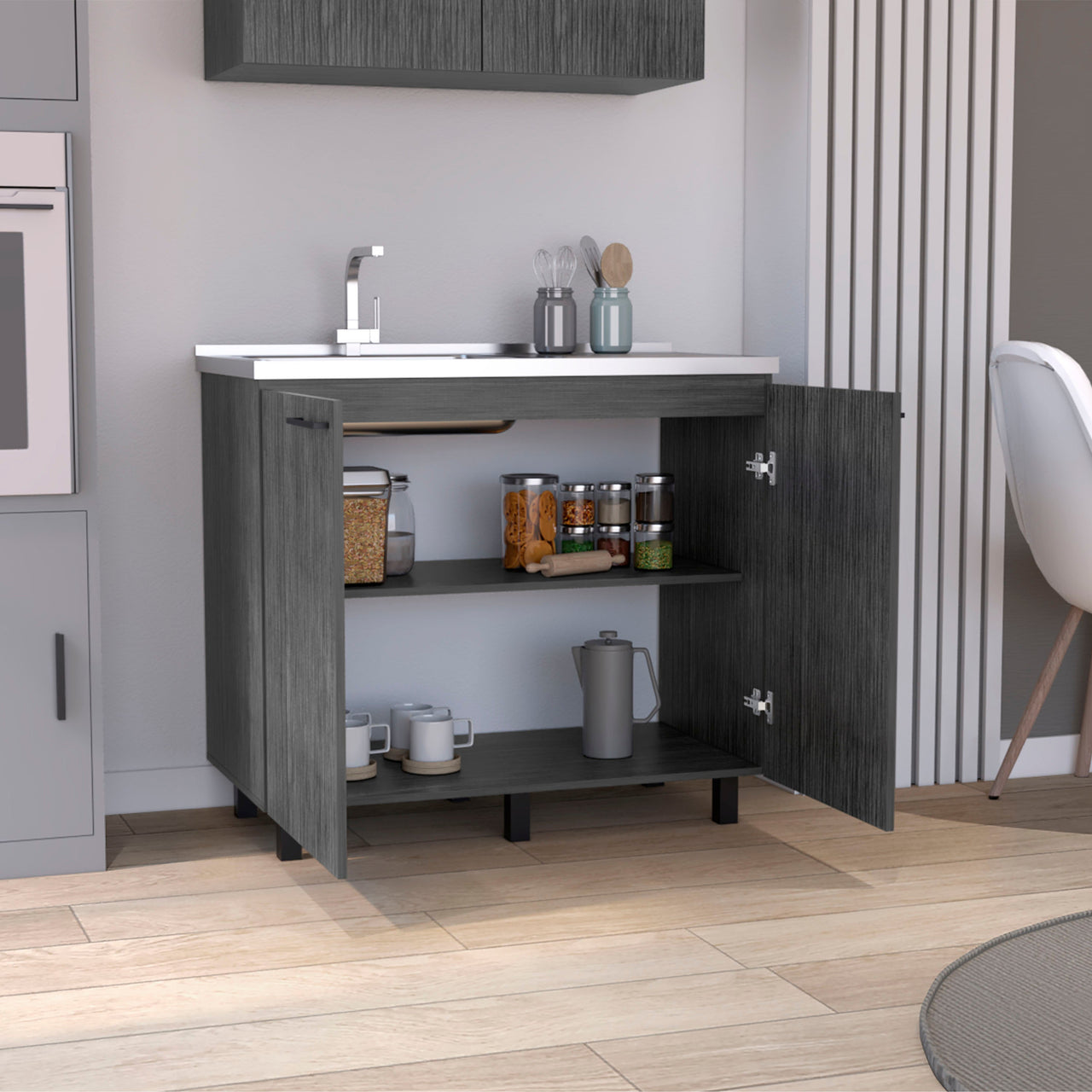 2 Freestanding Utility Base Cabinet with Stainless Steel Countertop and 2-Door, Smokey Oak