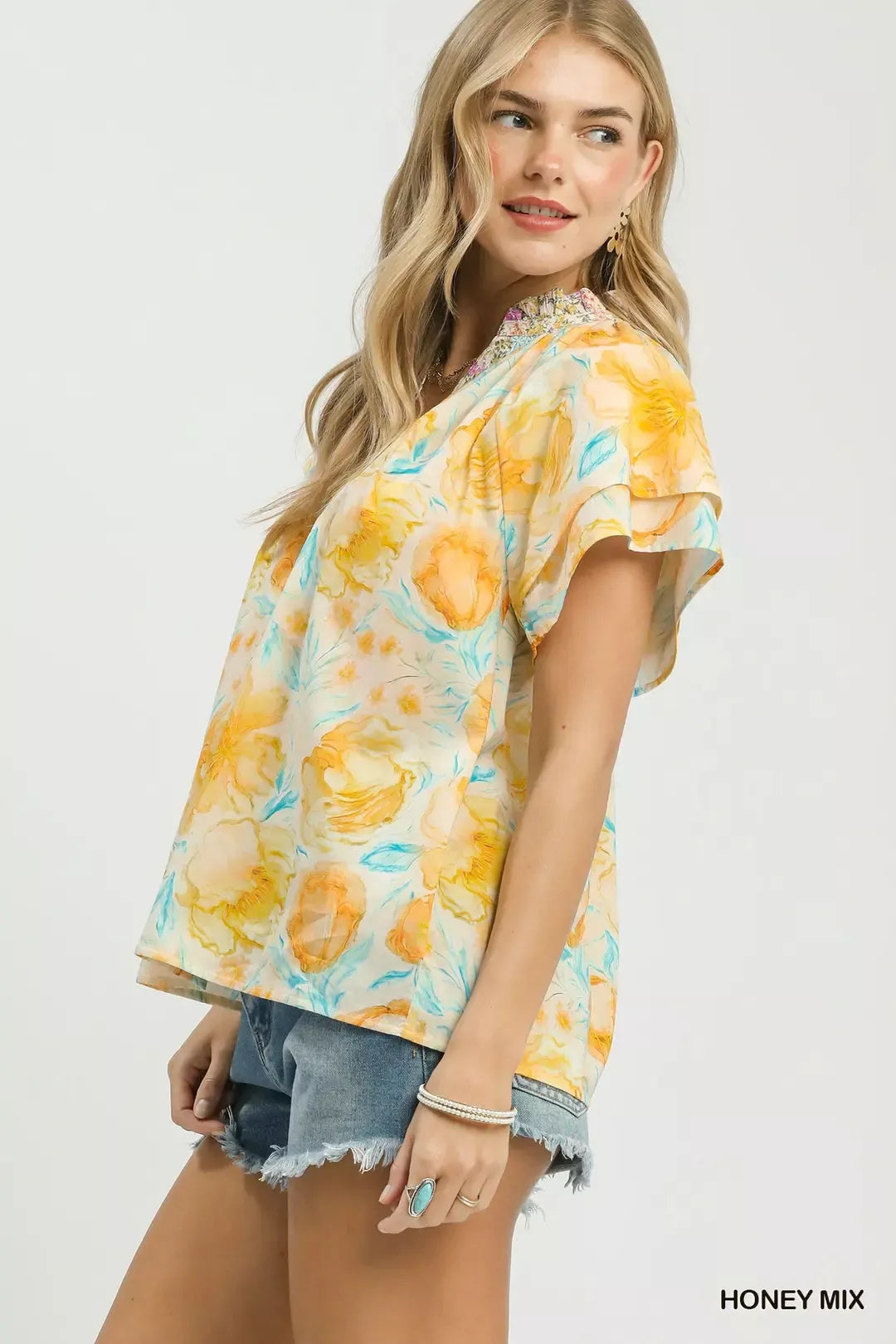 Umgee Mix Floral Print Blouse with Crochet Lace Trim