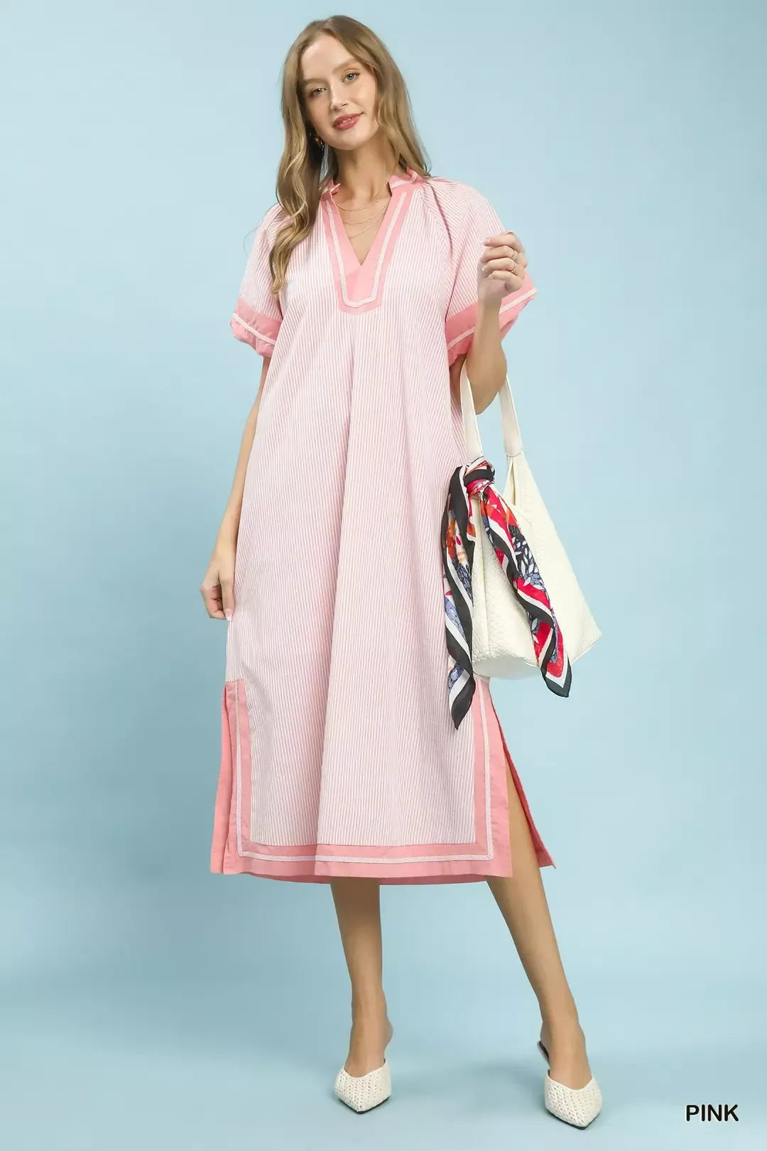 Umgee Pinstripe Contrast Trim Midi Dress