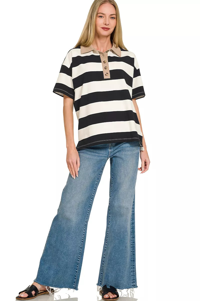 Zenana Striped Collared Polo Top
