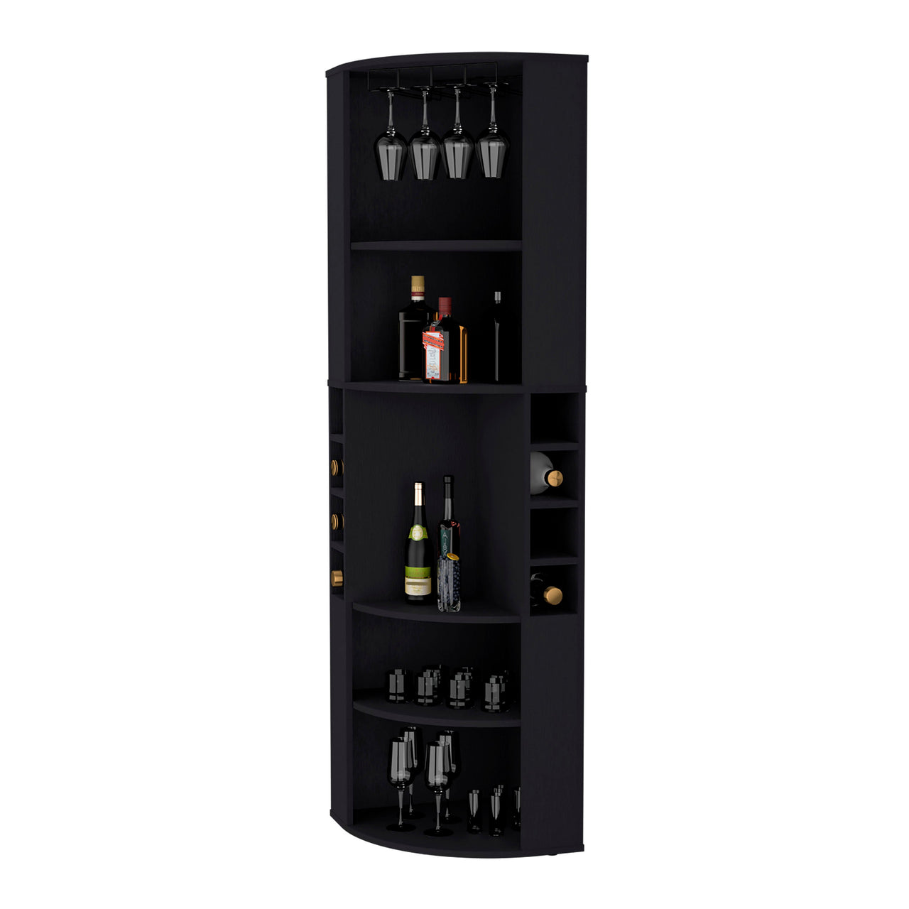 FM FURNITURE Clifton Corner Bar Cabinet, with 5 shelves,Cup Hanger and Eight Built-in Wine Rack, Black
