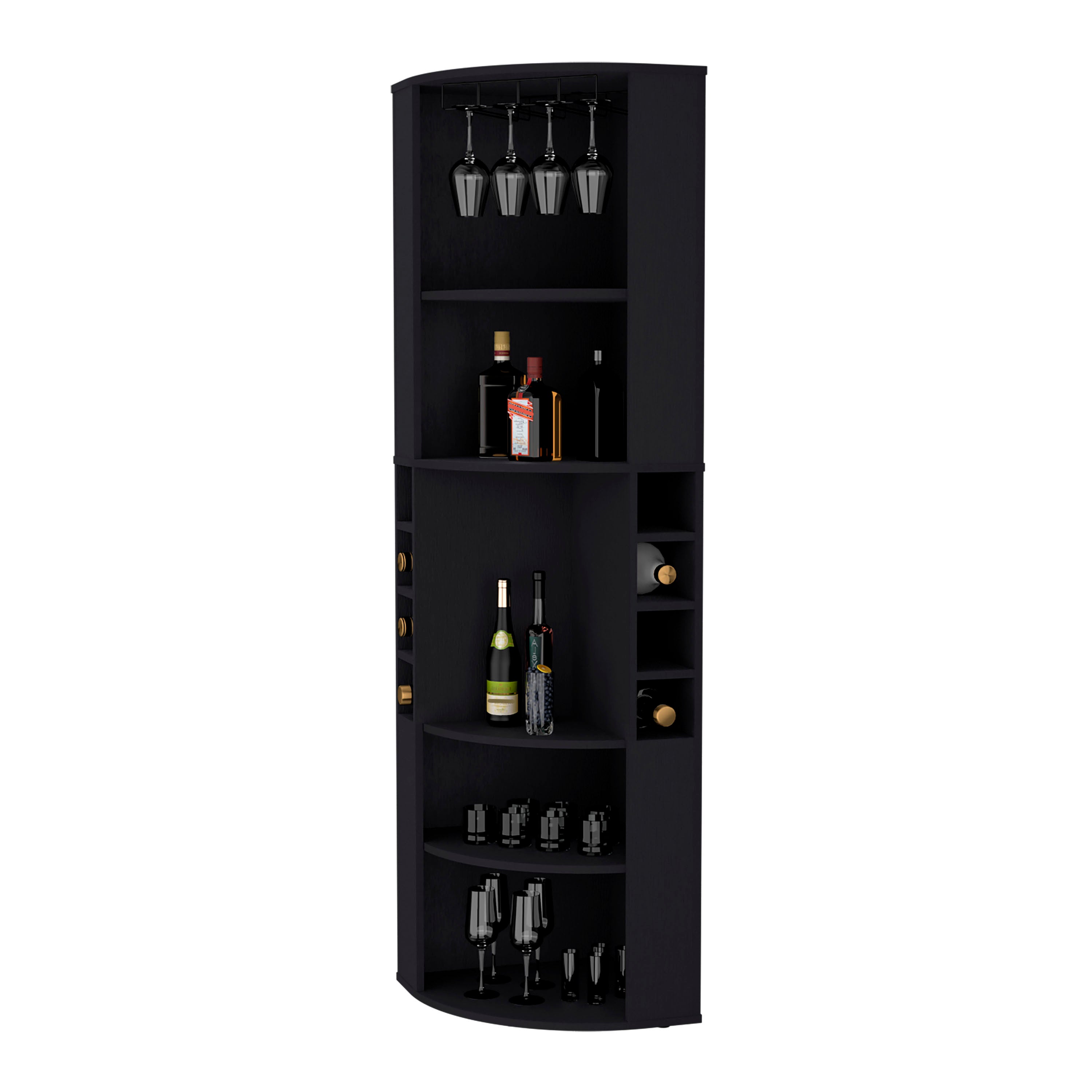 FM FURNITURE Clifton Corner Bar Cabinet, with 5 shelves,Cup Hanger and Eight Built-in Wine Rack, Black