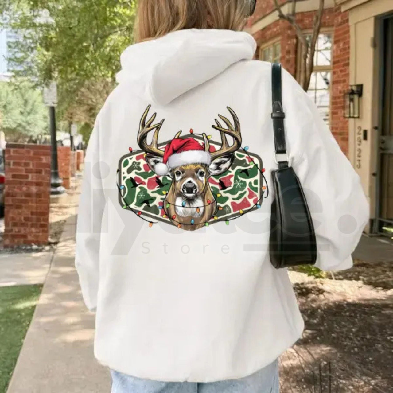 Christmas Deer Hunting Camo Hoodie – Funny Merry and Bright Holiday Deer Head Sublimation, Country Outdoors Pullover