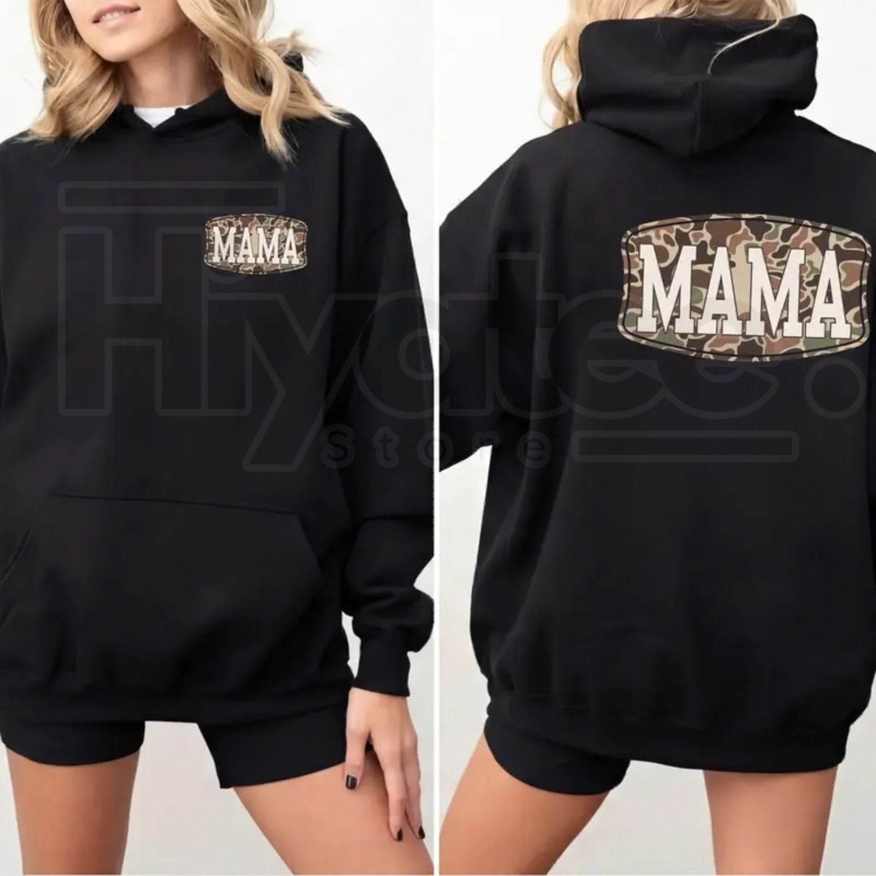 Camo Mama 2-Sided Hoodie – Trendy Camouflage Graphic Pullover, Cool Streetwear Mother’s Day Gift for Moms