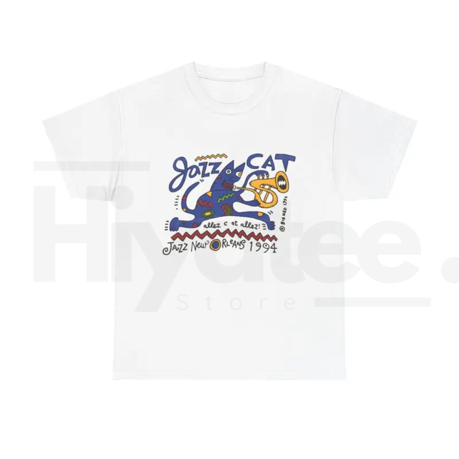 Jazz Cat Graphic T-Shirt – Retro Cartoon Cat Playing Saxophone Vintage Tee