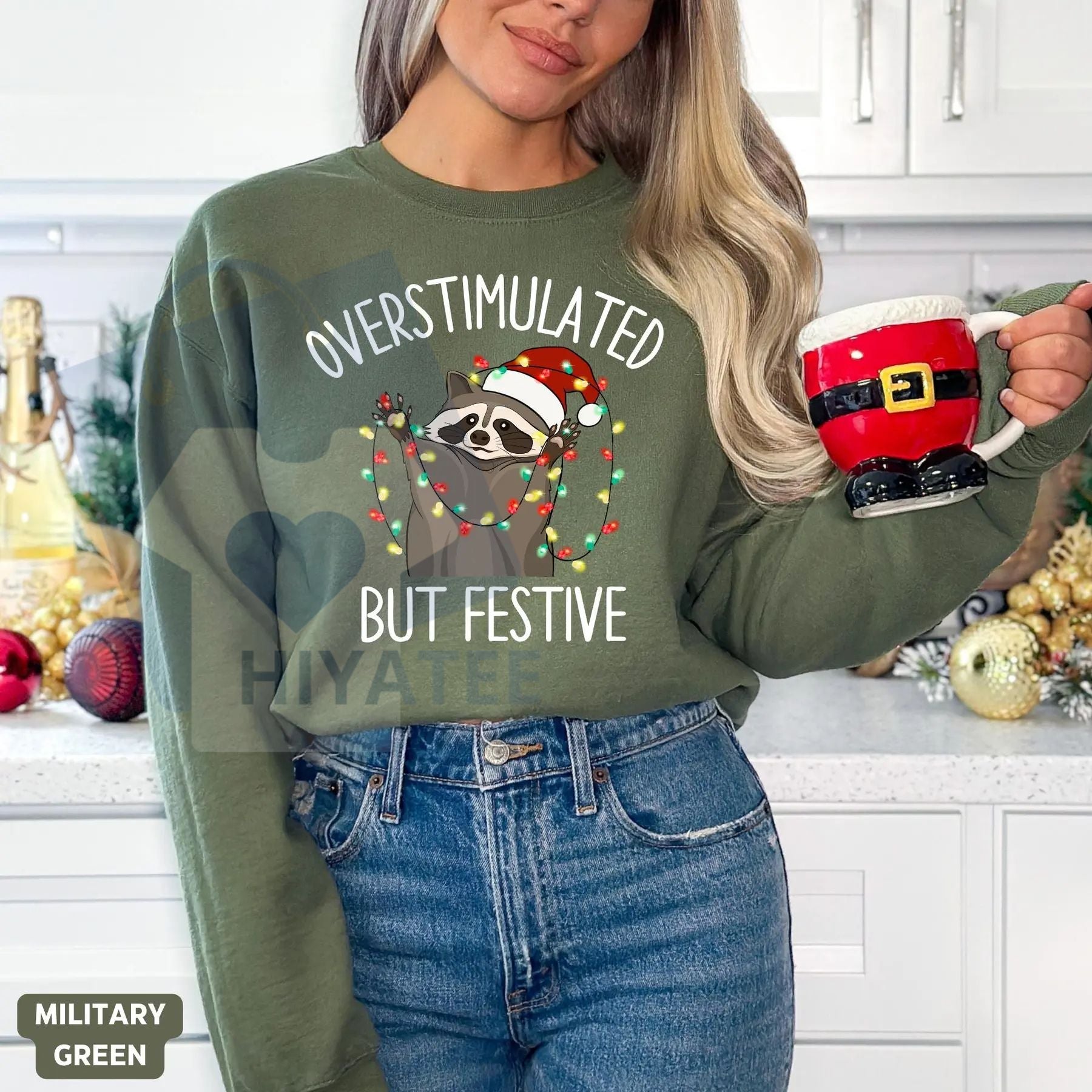 Overstimulated But Festive Raccoon Christmas Sweatshirt: Funny Raccoon Christmas Sweat, Funny Meme Crewneck, Holiday Anxiety Pullover