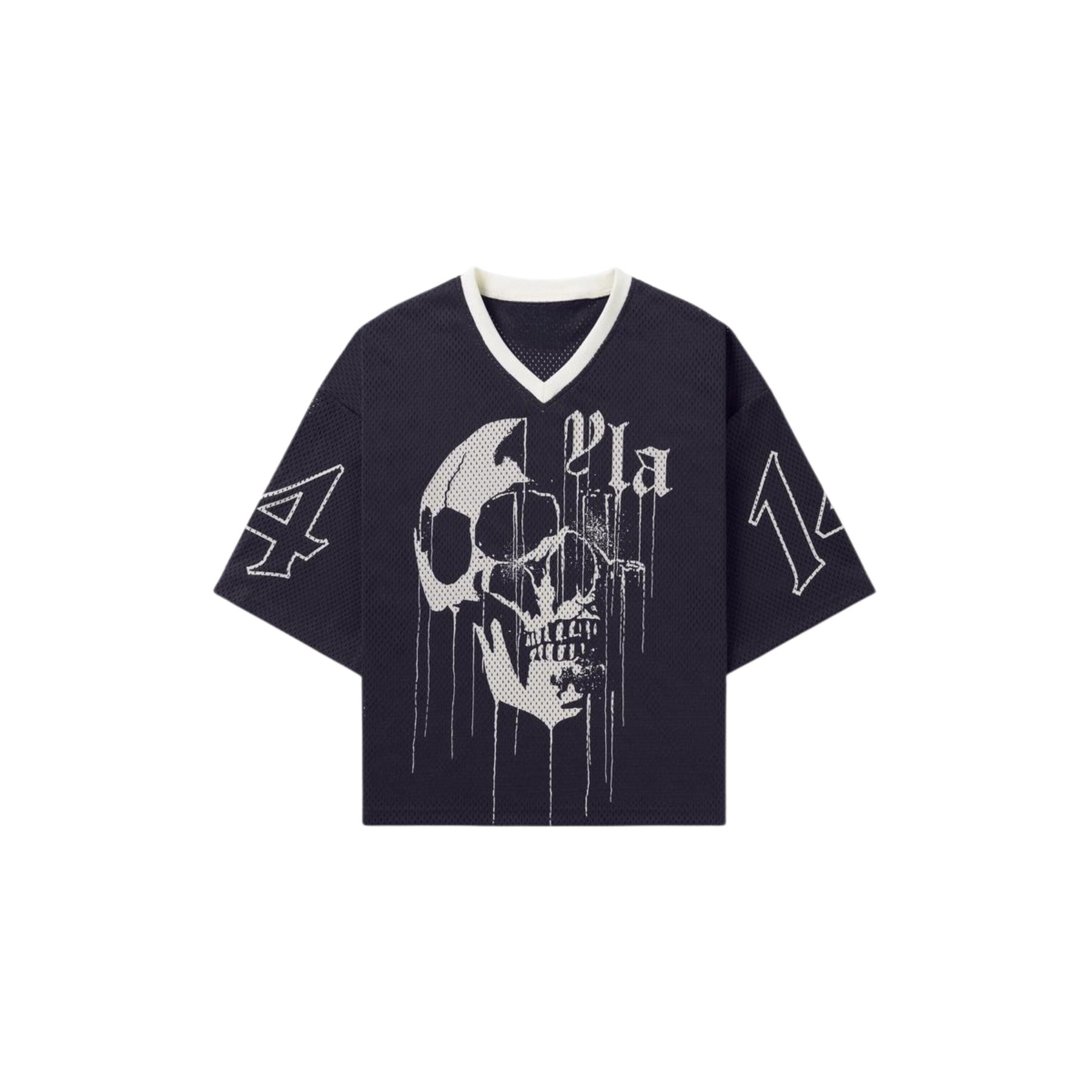 Drippy Skull Streetwear Mesh Jersey – Unisex V-Neck Sporty Tee, Breathable & Versatile