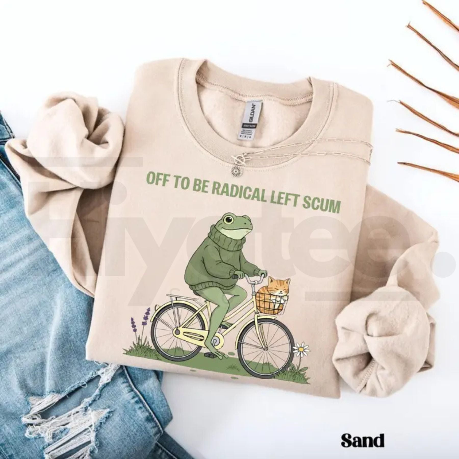 Off To Be Radical Left Scum Sweatshirt: Retro Frog & Cat Bicycle Resistance Crewneck