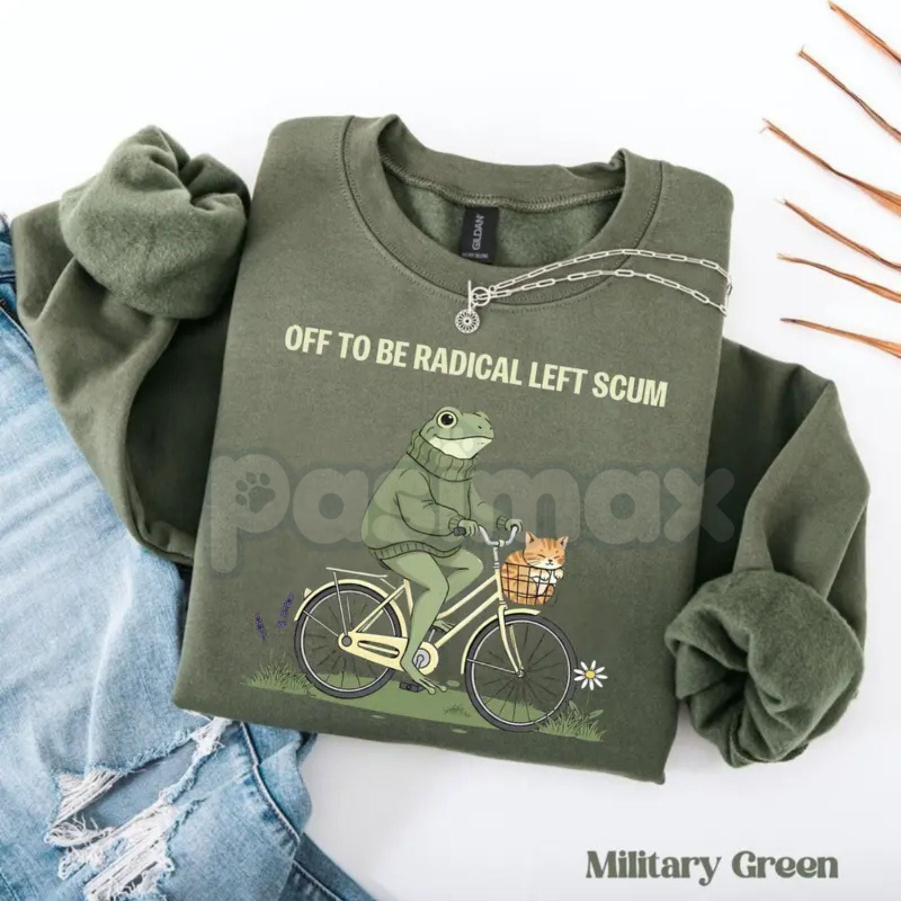 Radical Left Scum Sweatshirt | Retro Groovy Political Crewneck | Vintage 70s Resistance Jumper | Frog and Cat Bicycle Graphic Pullover | Aesthetic Leftist Streetwear | Sarcastic Activist Gift Top