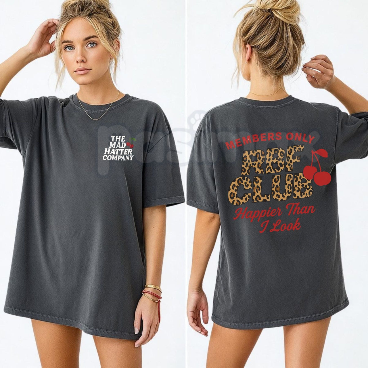 Comfort Colors® RBF Club Leopard Cherry T-Shirt – Retro Coquette Aesthetic Tee, Sarcastic Resting Bitch Face Shirt, Trendy Leopard Print Bow Graphic Top