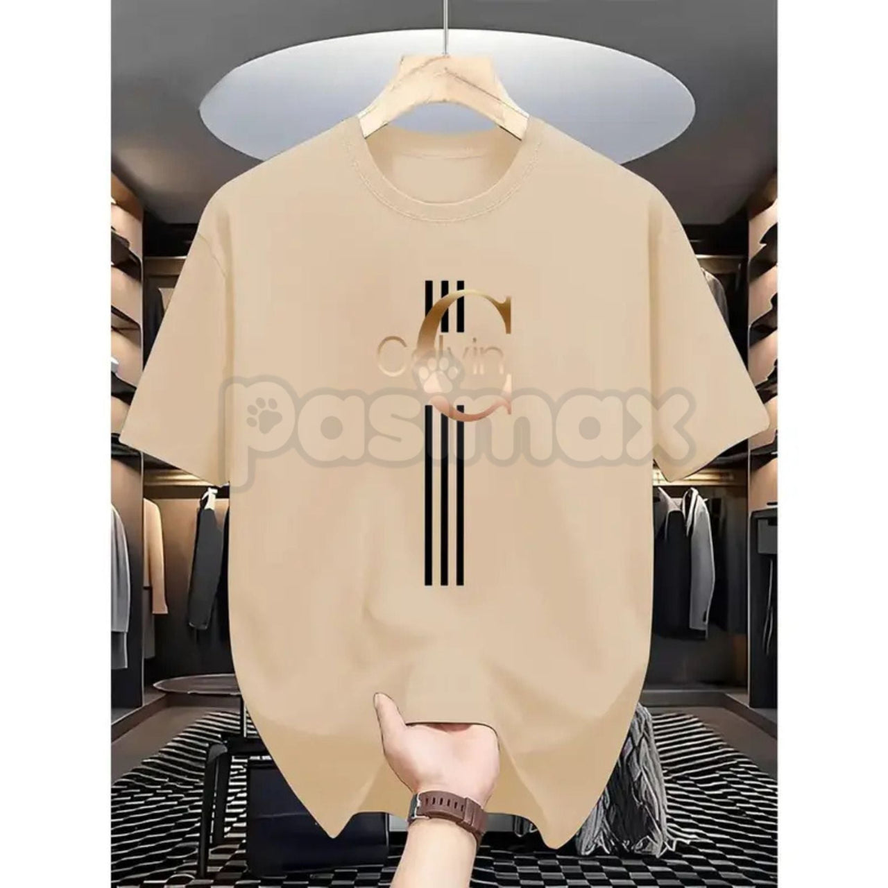 Men's Casual Calvin Print T-Shirt - Black & Gold Stripes Streetwear Tee, Comfortable Summer Crew Neck Top, Modern Urban Graphic Daily Essential Apparel