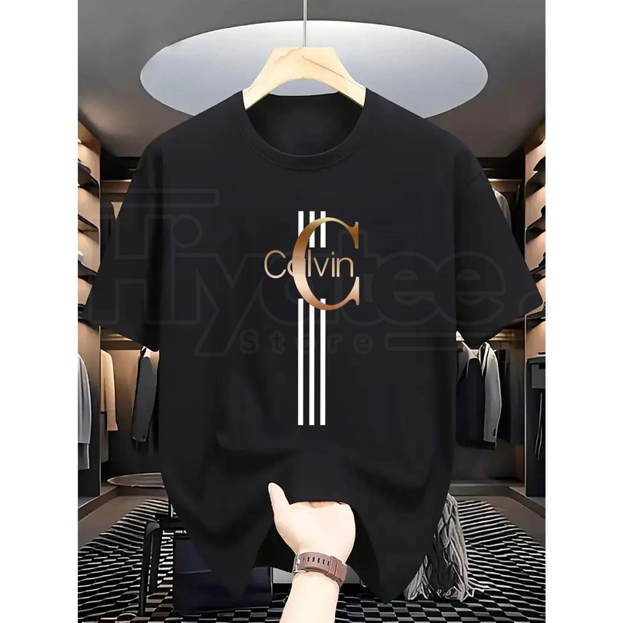 Men's Casual Calvin Print T-Shirt – Black & Gold Striped Street Style Essential